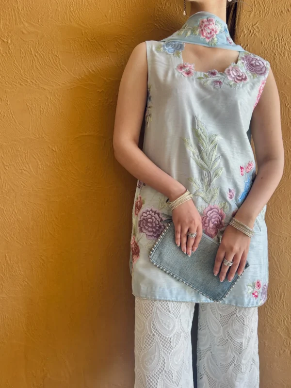 Serene Bloom: Pale Blue Embroidered Ensemble - Image 2