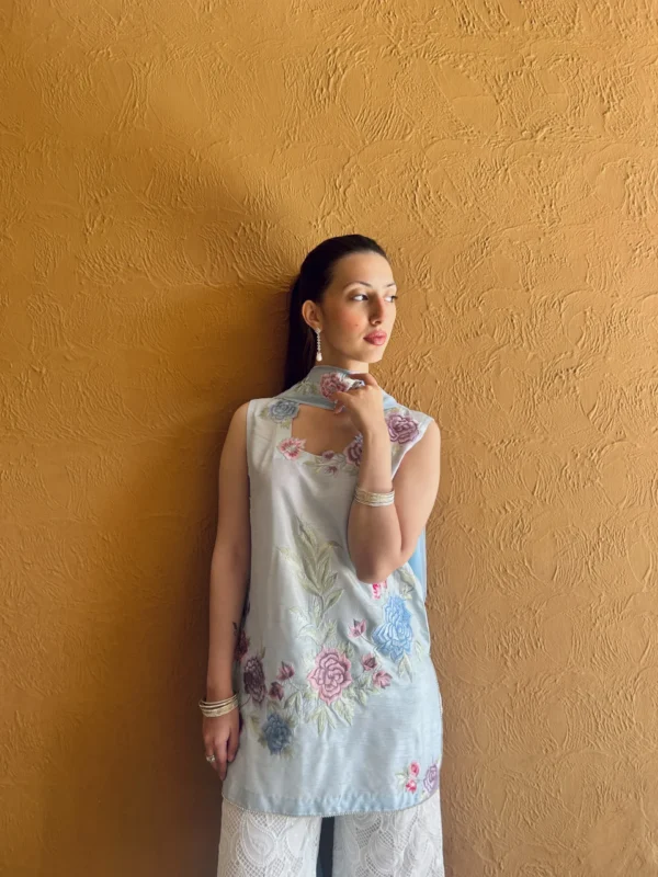 Serene Bloom: Pale Blue Embroidered Ensemble