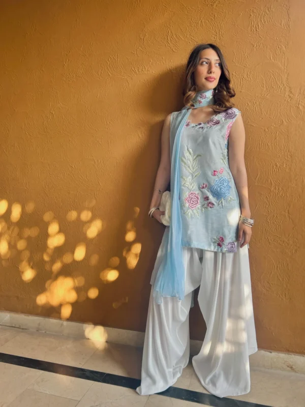 Serene Bloom: Pale Blue Embroidered Ensemble - Image 3